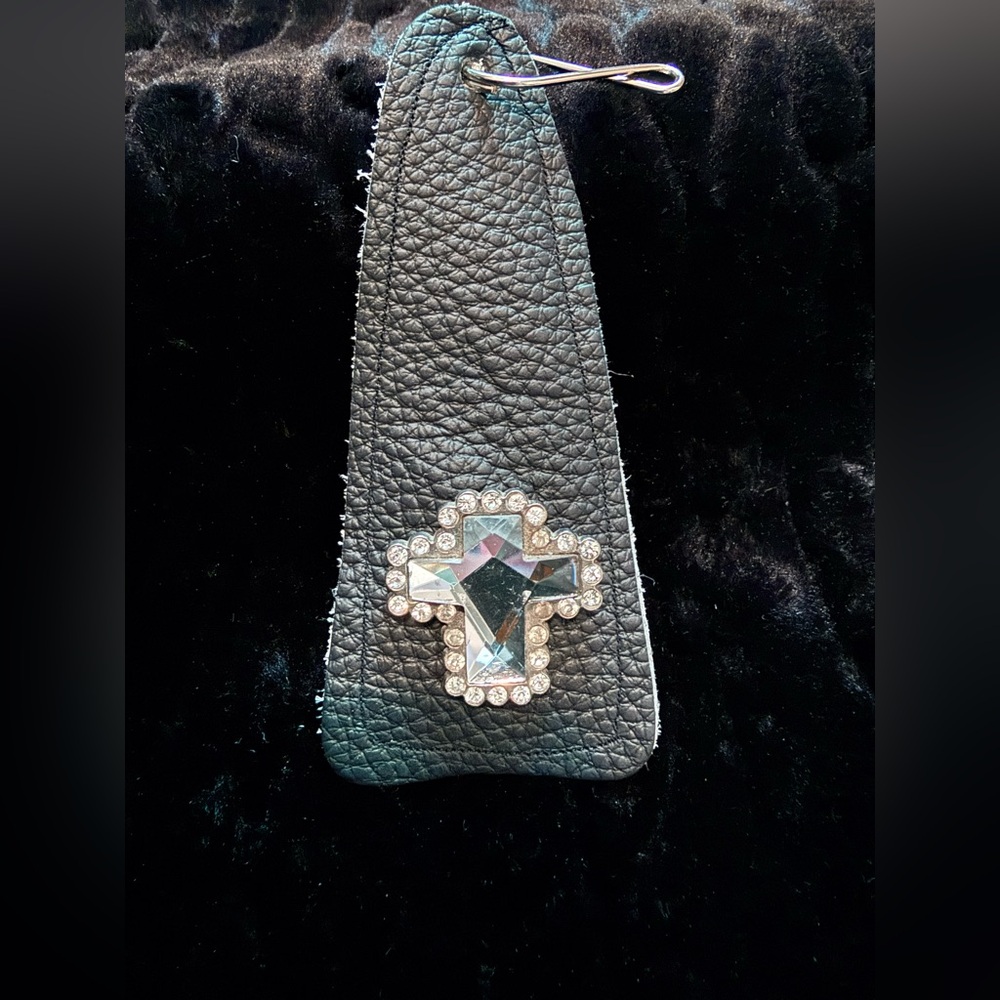Elegant Black Leather Keychain with Rhinestone Cross Concho